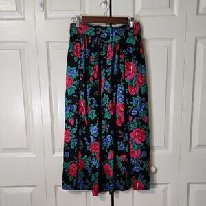 Vintage Breckenridge Black Floral Maxi Skirt Size 4/SM 80s Belted Resortwear
